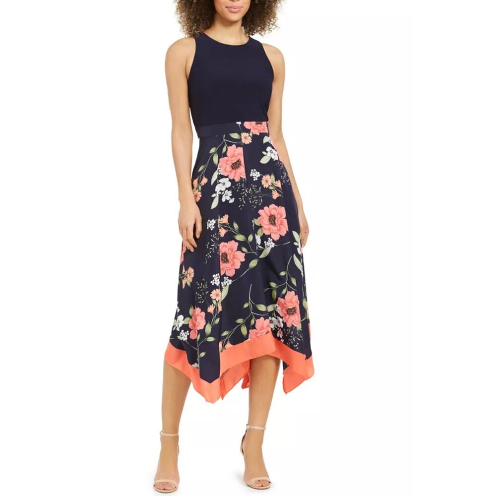 Vince Camuto Floral Print Asymmetrical Hem Dress Size 2P Sleeveless Navy